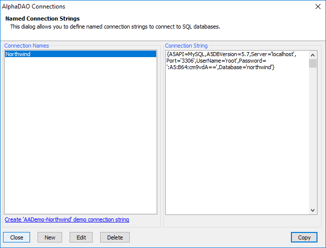 The Northwind AlphaDAO connection string for MySQL